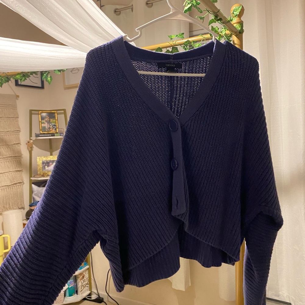 Navy Blue Women's Button-Up V-Neck Cardigan